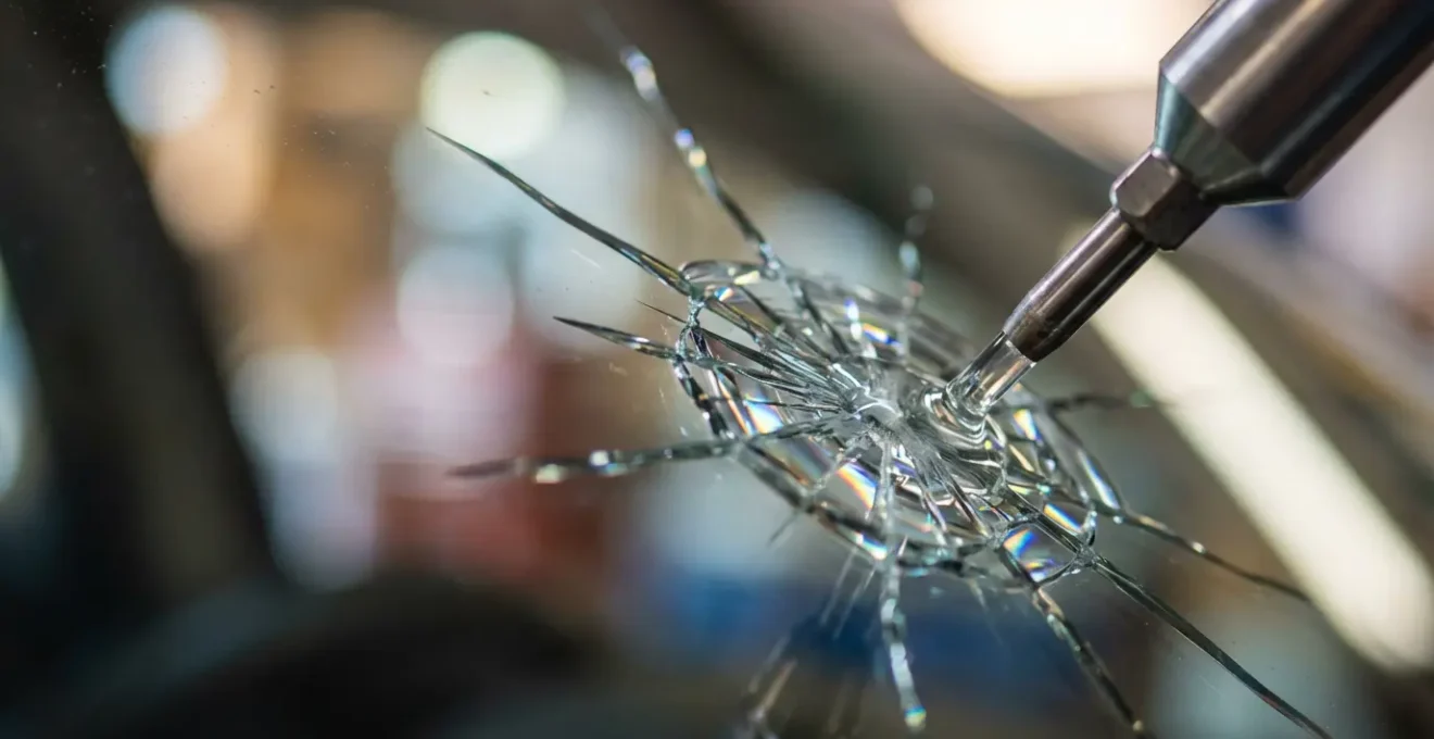 Technicien injectant de la résine dans un impact de pare-brise