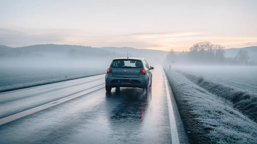 Voiture générique sur une route froide et humide au petit matin, avec un léger givre sur les bas-côtés
