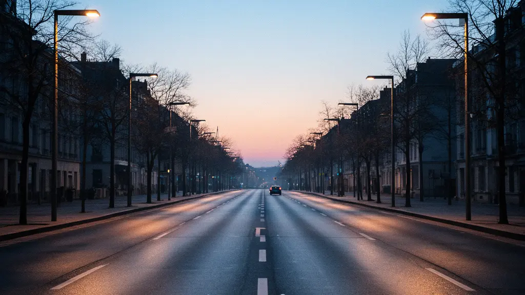 Route urbaine déserte baignée dans la lumière douce de l'aube, illustrant le choix d'horaires stratégiques pour une conduite plus sereine et économique.