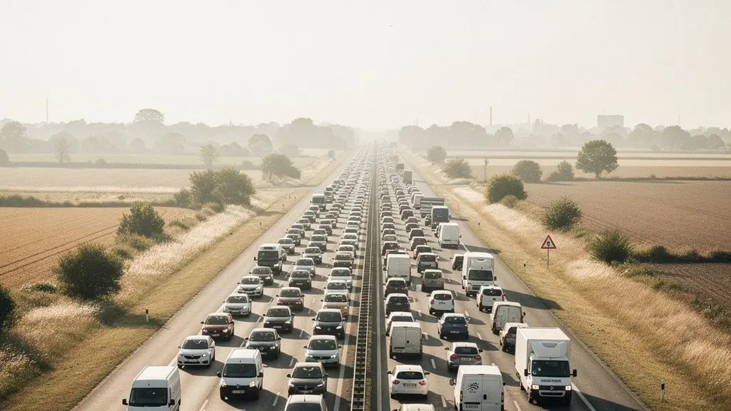 File de véhicules sur une autoroute ensoleillée vue en plongée, illustrant la saturation du réseau routier lors des grands départs en vacances