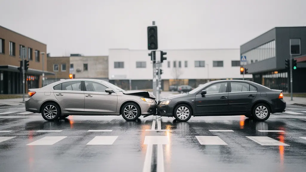 Vue large d'un croisement routier apres un accrochage mineur entre deux vehicules, illustrant l'importance des preuves photographiques pour l'assurance