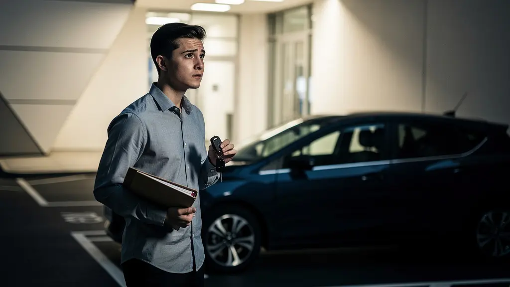 Jeune stagiaire devant sa voiture personnelle, hésitant avant une mission professionnelle non couverte
