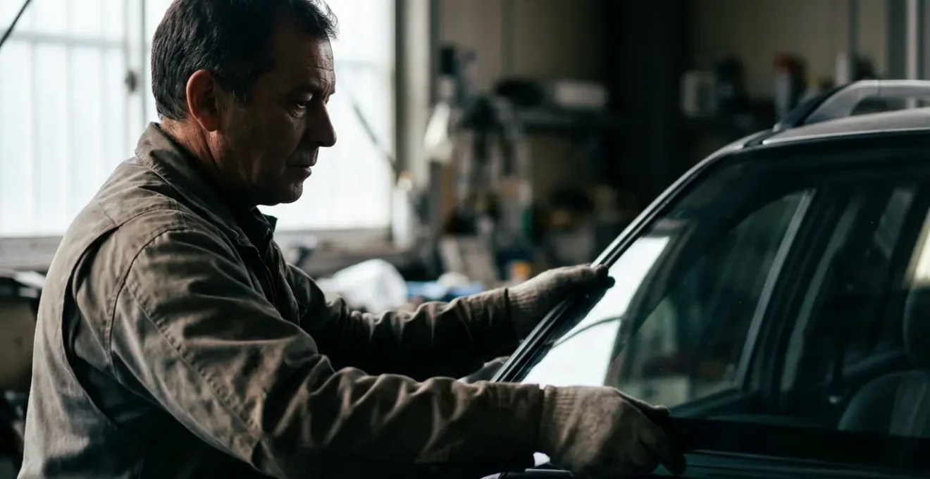 Mécanicien installant un nouveau pare-brise dans un atelier automobile