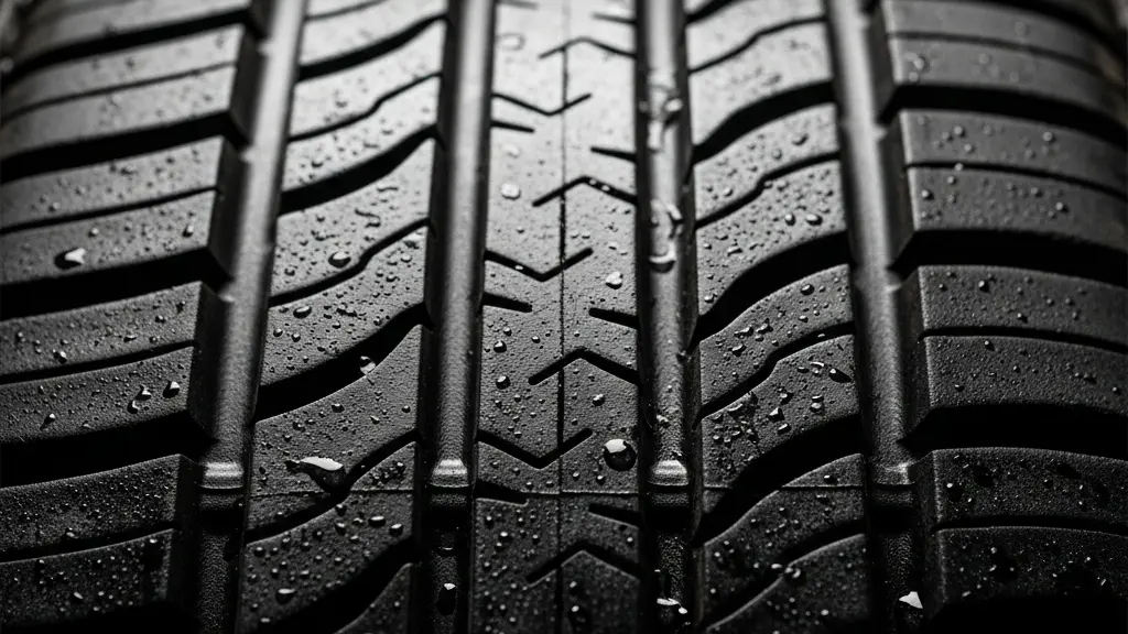 Gros plan macro sur la surface texturée d'un pneu automobile avec la profondeur des sculptures visible, symbolisant l'adhérence et la sécurité