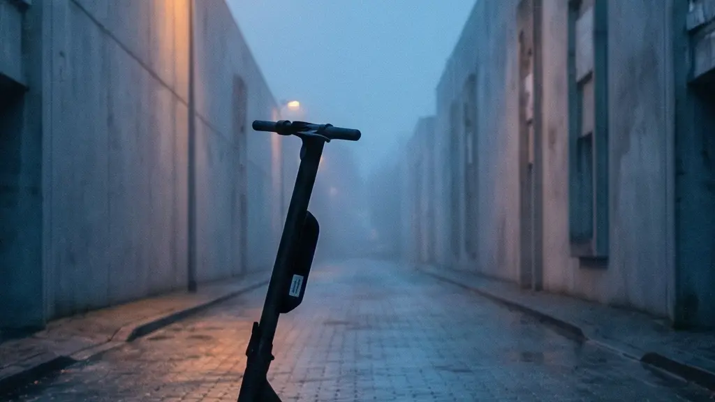Trottinette électrique posée seule dans un environnement urbain sombre, évoquant l'isolement face au refus d'assurance après débridage