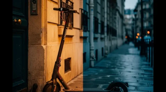 Trottinette électrique garée devant un immeuble résidentiel, symbolisant le lien entre mobilité urbaine et assurance habitation