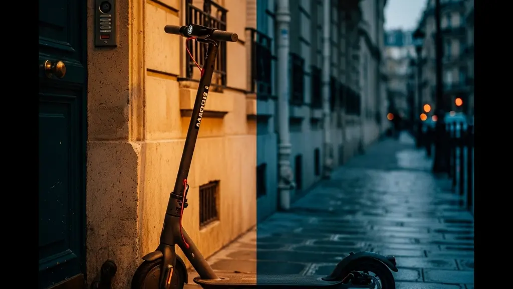 Trottinette électrique garée devant un immeuble résidentiel, symbolisant le lien entre mobilité urbaine et assurance habitation