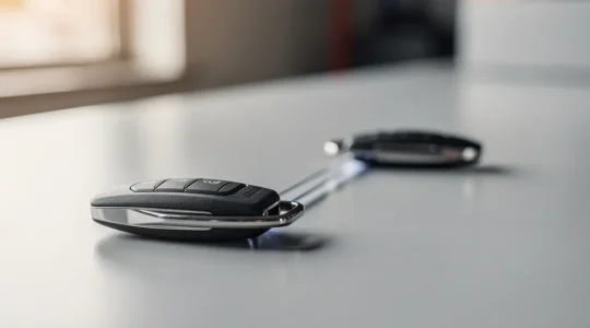 Clé de voiture posée sur un comptoir de garage automobile avec un second trousseau flou en arrière-plan, symbolisant le remplacement de véhicule en assurance auto