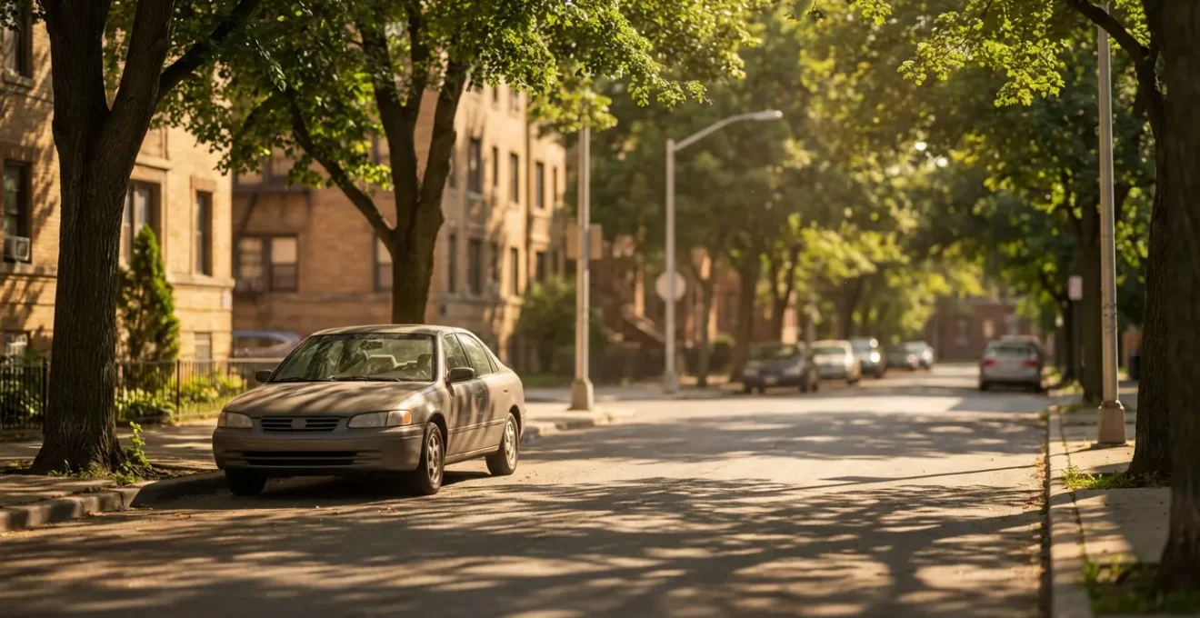 Véhicule garé dans une rue résidentielle urbaine avec éléments de protection visuelle