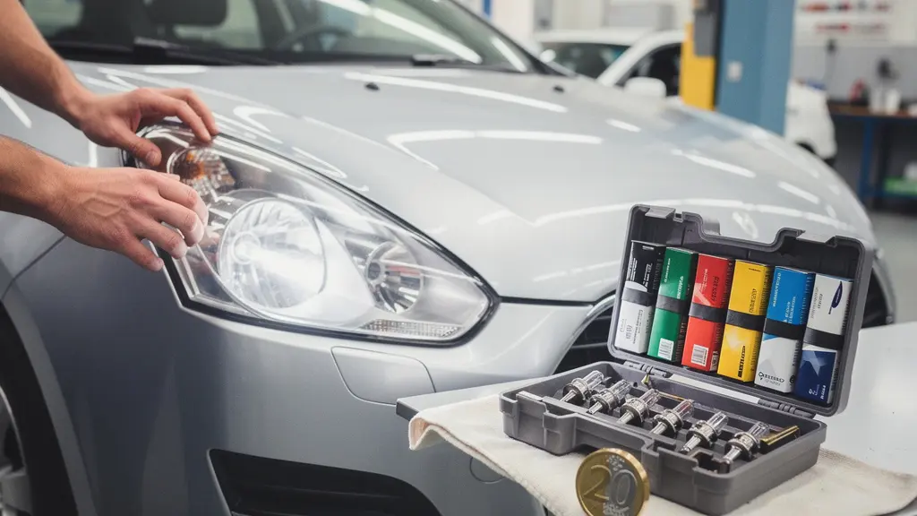 Automobiliste vérifiant les phares de sa voiture avant le contrôle technique dans un centre agréé
