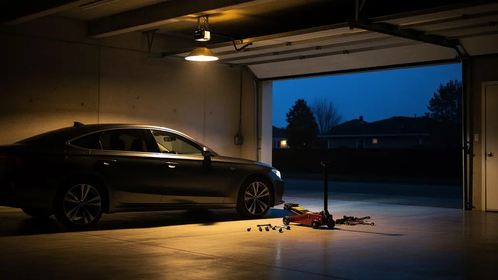 Véhicule stationné dans un garage faiblement éclairé de nuit symbolisant l'urgence de la réparation après un contrôle technique défavorable
