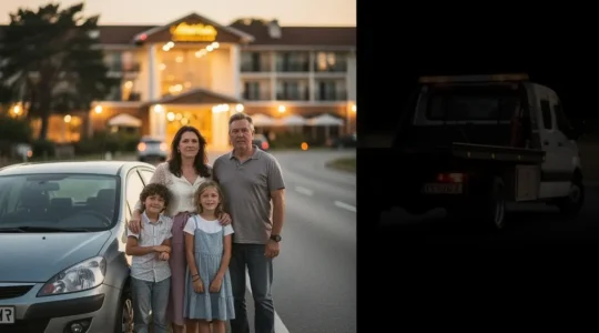 Une famille avec des valises attend près d’une voiture immobilisée au crépuscule, avec un hôtel flou en arrière-plan et un grand espace vide pour le titre.