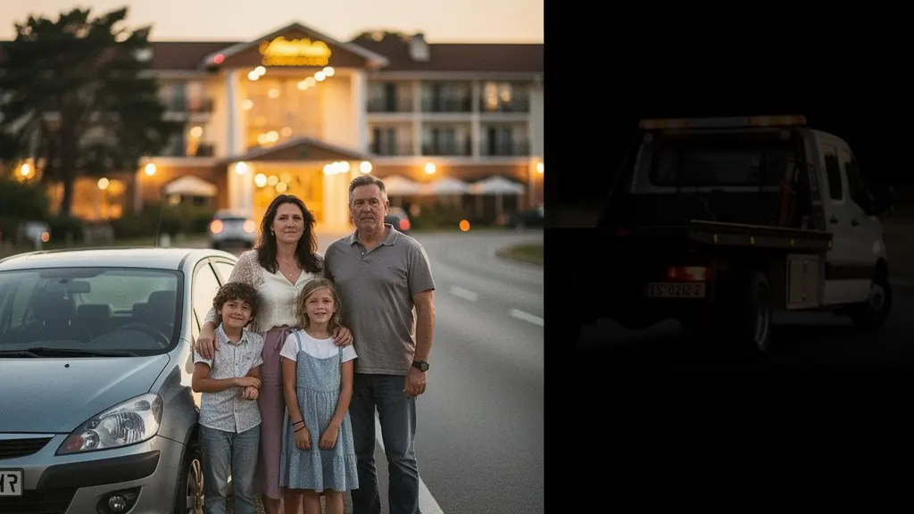 Une famille avec des valises attend près d’une voiture immobilisée au crépuscule, avec un hôtel flou en arrière-plan et un grand espace vide pour le titre.