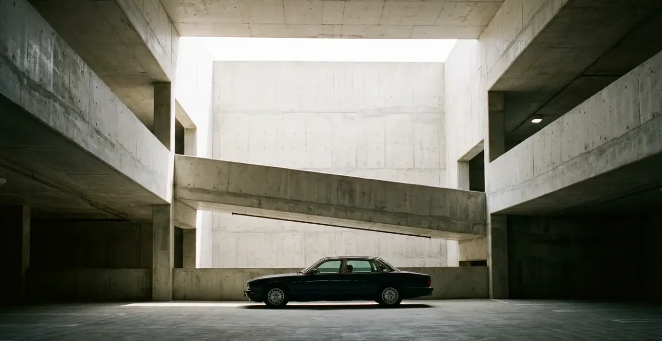 Vue latérale d'une voiture de luxe noire aux lignes élégantes stationnée dans un garage moderne avec éclairage dramatique