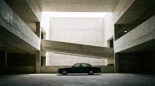 Vue latérale d'une voiture de luxe noire aux lignes élégantes stationnée dans un garage moderne avec éclairage dramatique