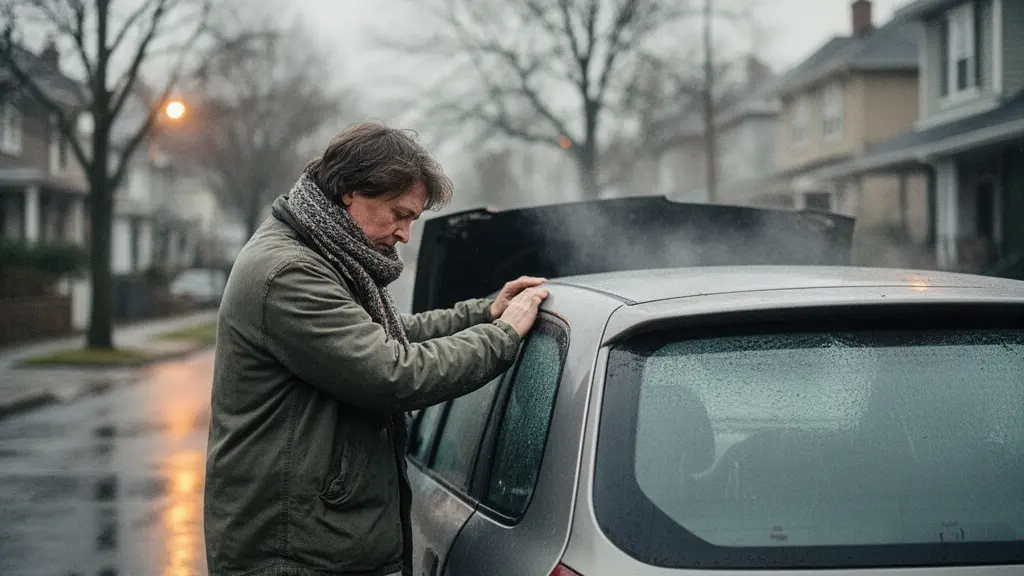 Portrait émotionnel d'une personne appuyée contre une voiture ancienne en panne, exprimant la frustration liée à une exclusion d'assistance à proximité du domicile