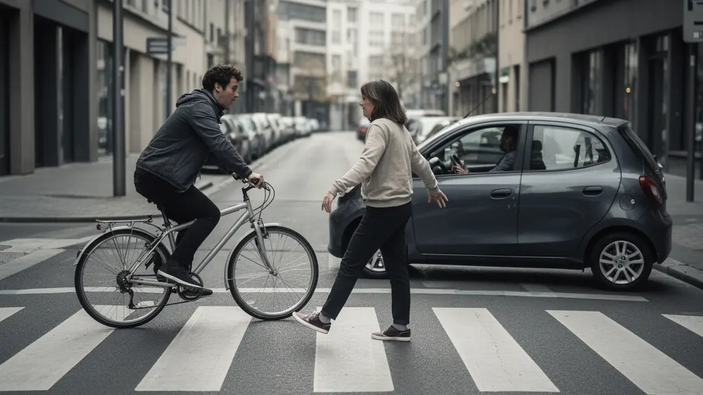 Scène de zone 30 urbaine montrant la cohabitation entre cycliste, piéton et véhicule